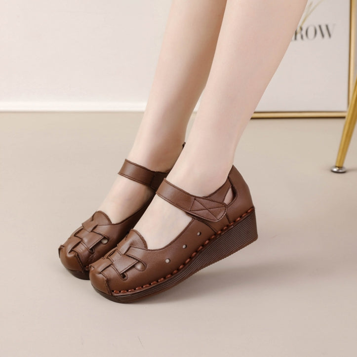 Sandalias de cuña vintage de piel de vaca con capa superior