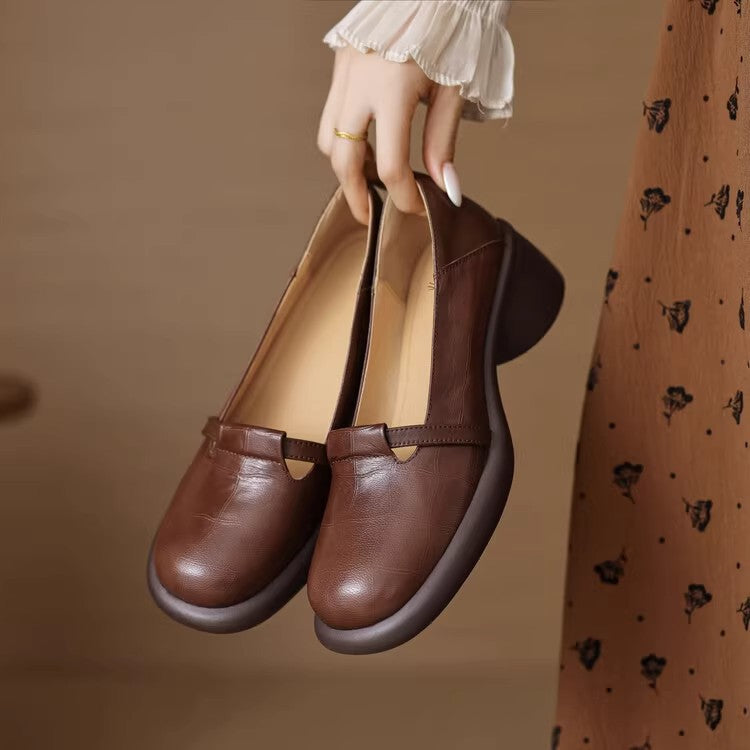 Zapatos de salón retro con punta redonda y tacón grueso